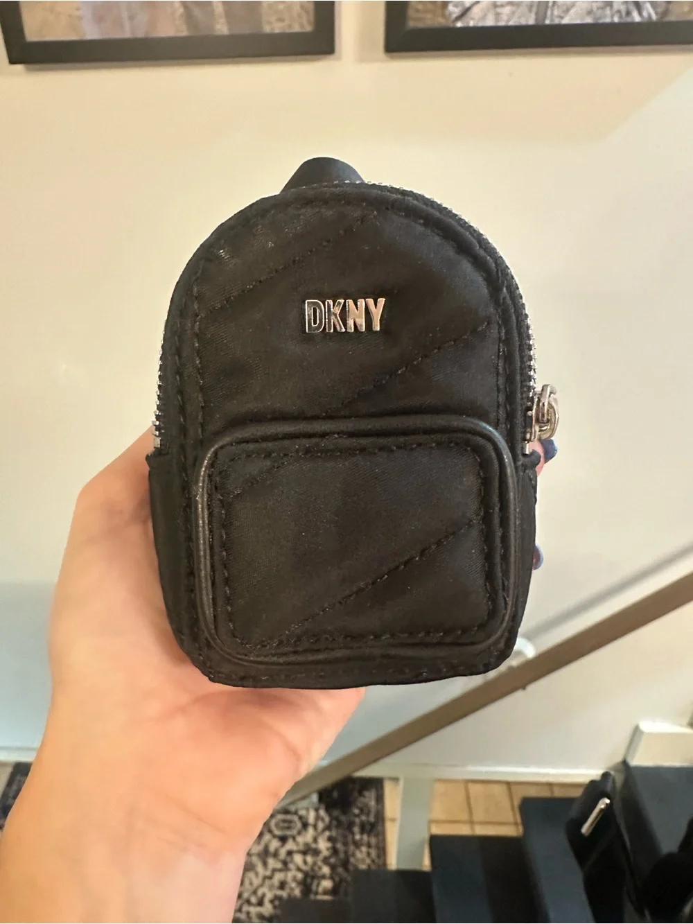DKNY Black Quilted Nylon Backpack with Mini Pouch Charm
